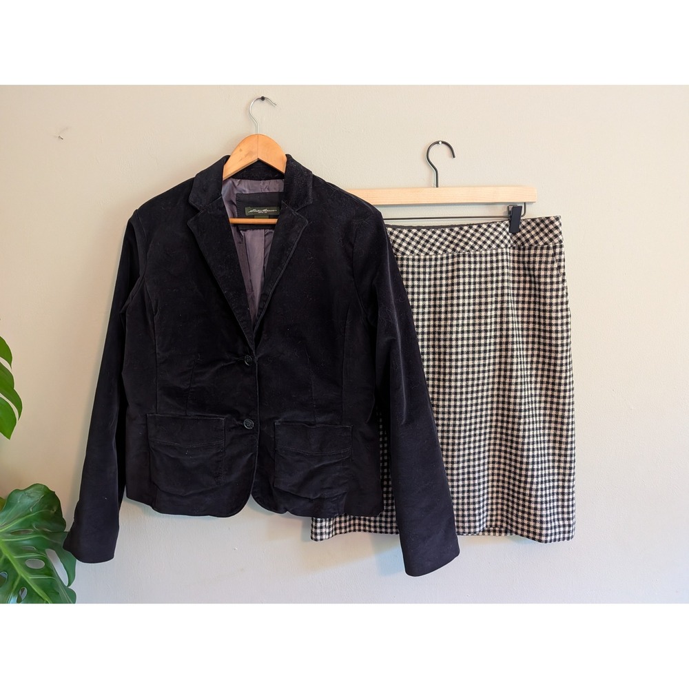 Eddie Bauer Corduroy Blazer and Houndstooth Wool Skirt Set Black White 10 12